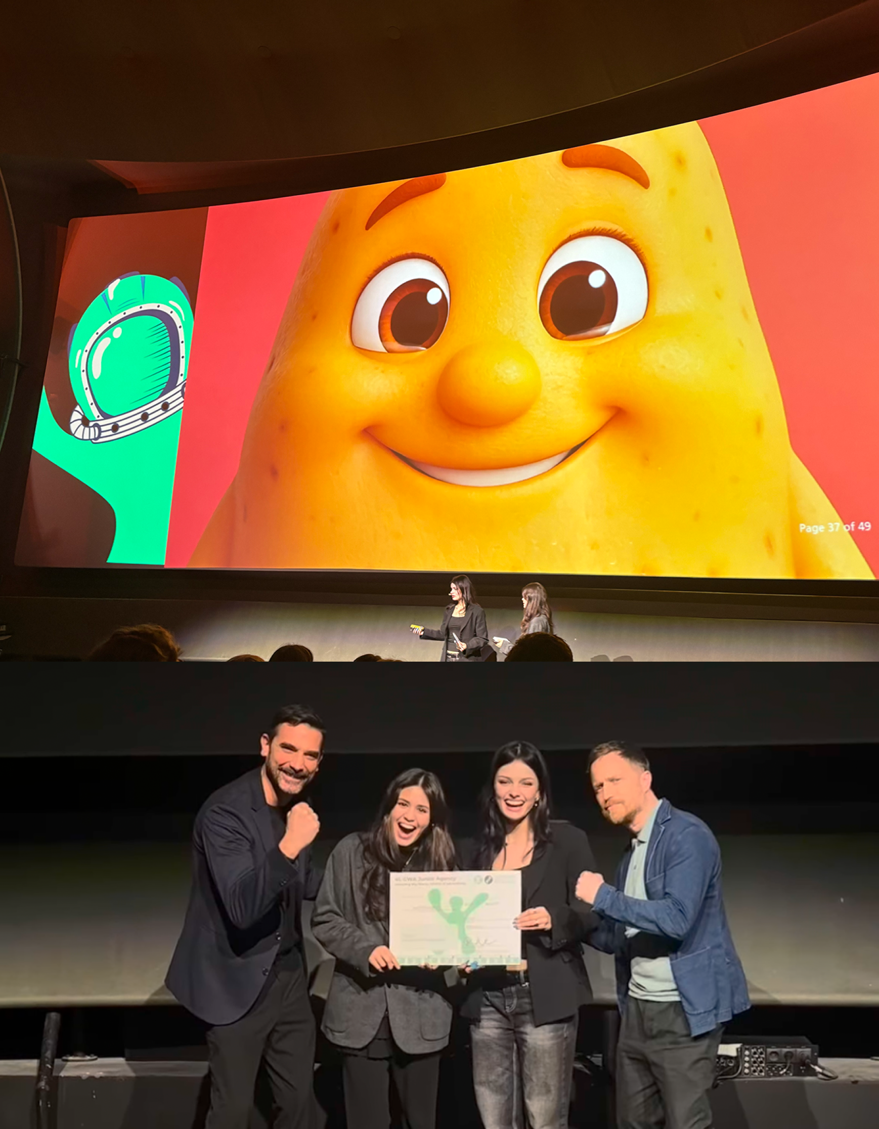 Award presentation screen featuring the campaign mascot on stage.